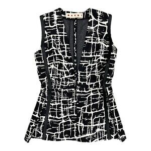 Marni Black Abstract Print Plunge Neckline Silk Blend Sleeveless Blouse XS